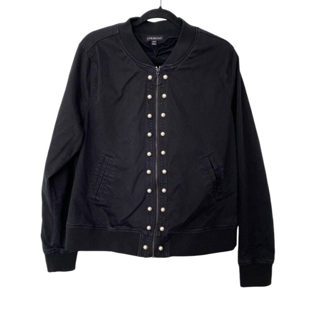 Lane Bryant Pearl Studded Ruched Bomber Jacket Slight Fade Black Size 18‎ / 20